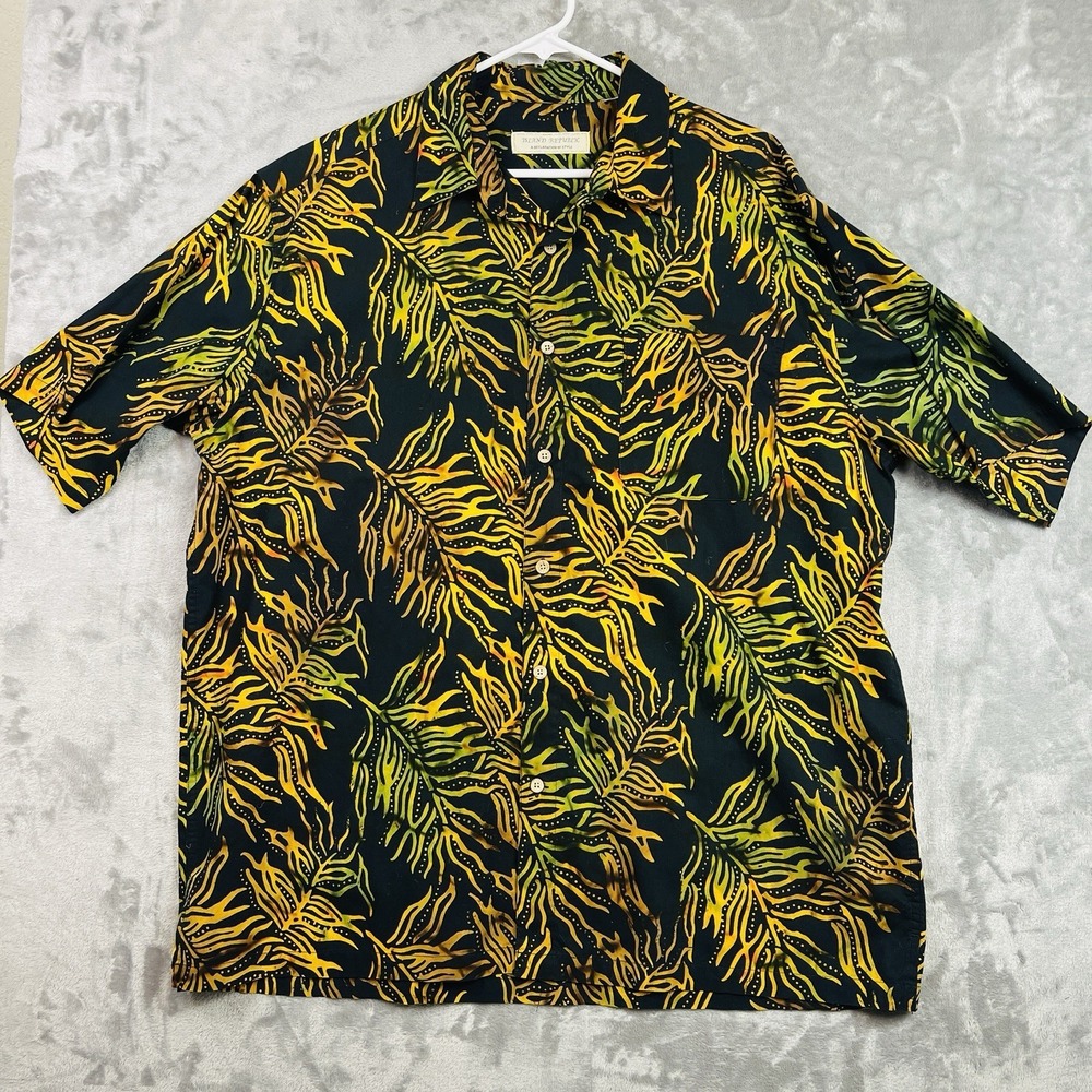 Island Republic Mens Button‎ Up Short Sleeve Palm Print Shirt Black Green XLarge